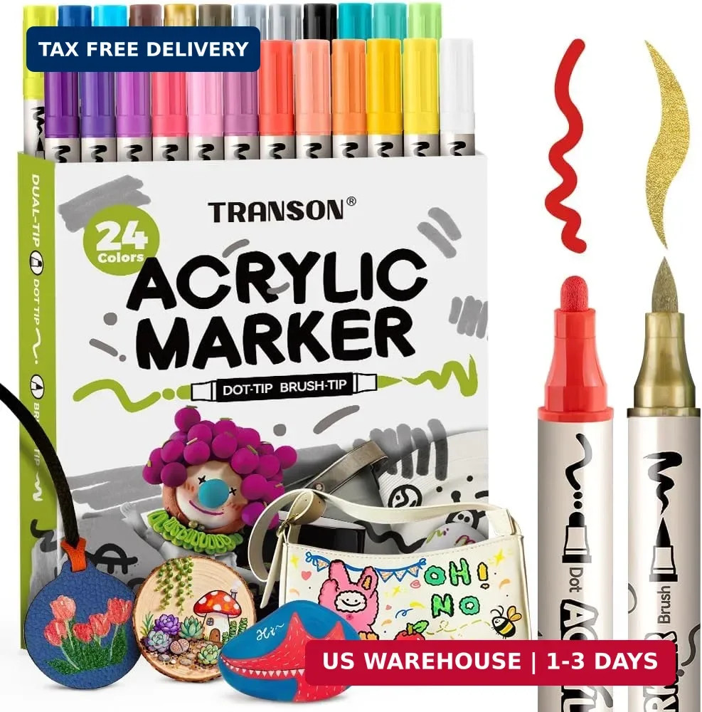TRANSON 24 Colors Bold and Brush Dual-tip Acrylic Paint Marker Pen for Canvas Ro