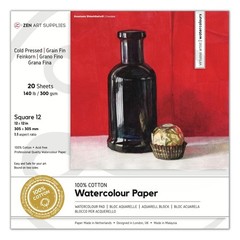 ZenART 20 Sheets 100% Cotton Watercolor Paper Block Cold Press 12×12 Inch