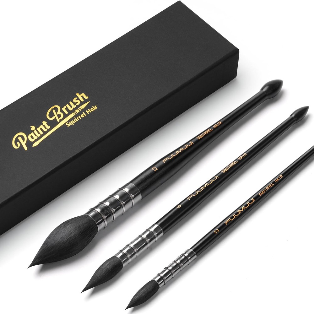 3PCS Squirrel Hair Watercolor Brushes, Fuumuui Professional Mop Round Quill D…