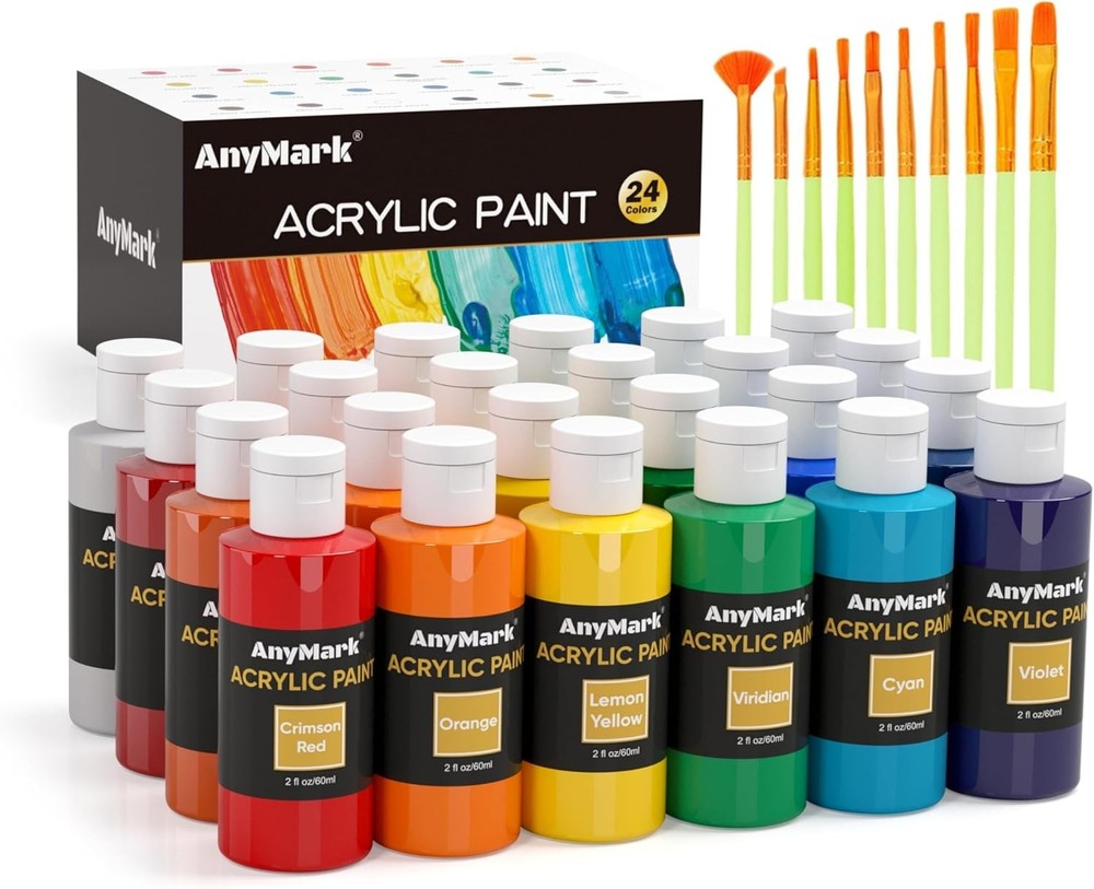 24-Color Acrylic Paint Set with Bottles and Brushes Professional Art Kit
