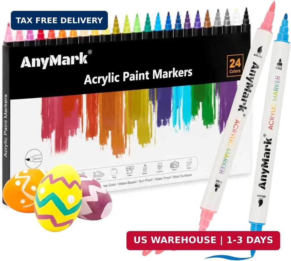 AnyMark 24 Colors Acrylic Paint Markers, Dual Tip Acrylic Paint Pens with Brush