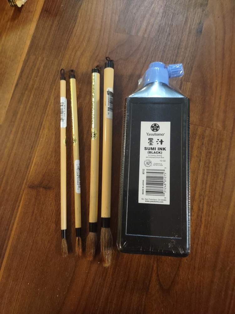 Yasutomo Sumi Ink 12oz-Black, & Set Of 4 Bamboo Brushes Size 0 ,2 ,4,6 + Bonus