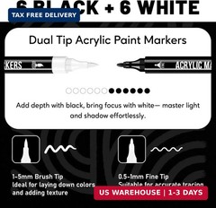 Pagather Black and White Acrylic Paint Markers, 12 Pack Dual Tip with Fine Tip a