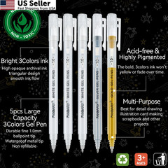 PANDAFLY 5pk Gold Silver White Gel Pens 1mm Fine Point Opaque Archival Ink Artis