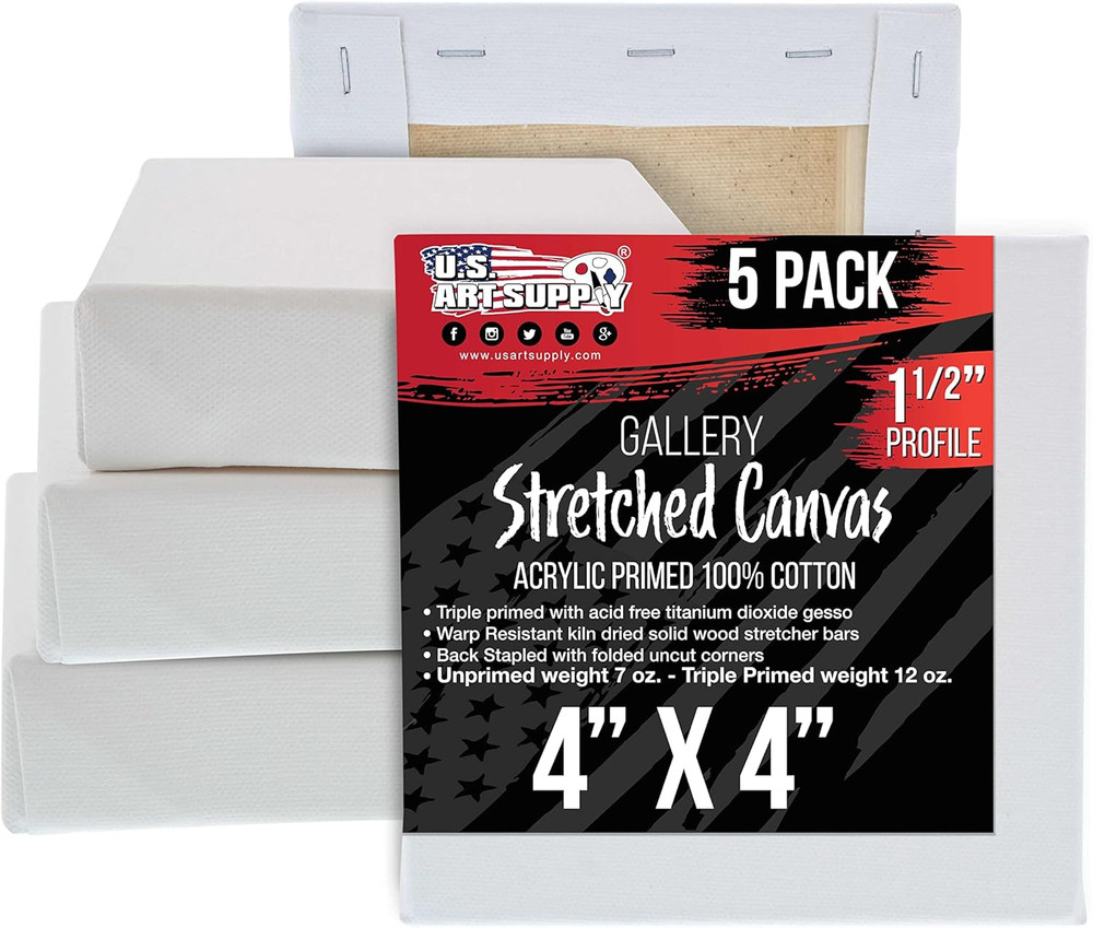 5-Pack Bulk Stretched Canvas for Painting 4 X 4 Inch, Gallery Depth 1-1/2″ Profi
