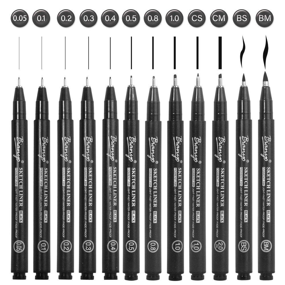 Black Art Pen Set – 12 Assorted Sizes Fine Line Drawing, Upgraded Pigment Ink…