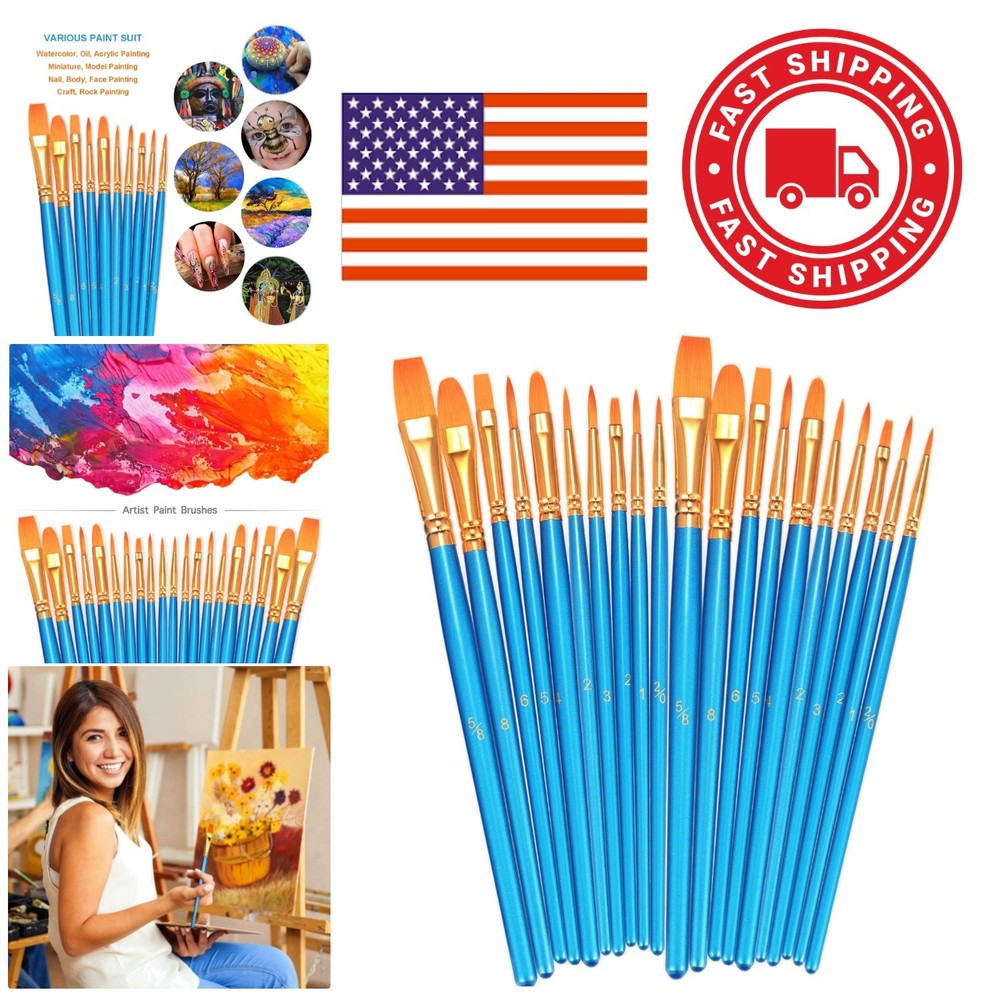 Paint Brushes Set 20 Pcs Round Pointed Nylon Hair for Acrylic and Watercolor