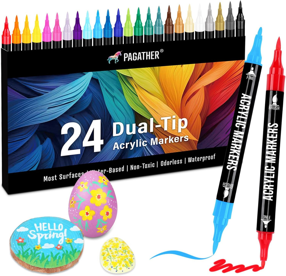 24 Color Dual Tip Acrylic Paint Markers Brush Fine Tip Quick Dry Art Pens