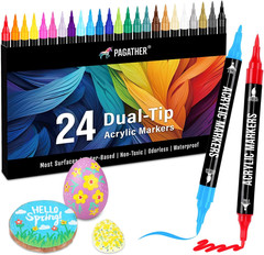 24 Color Dual Tip Acrylic Paint Markers Brush Fine Tip Quick Dry Art Pens