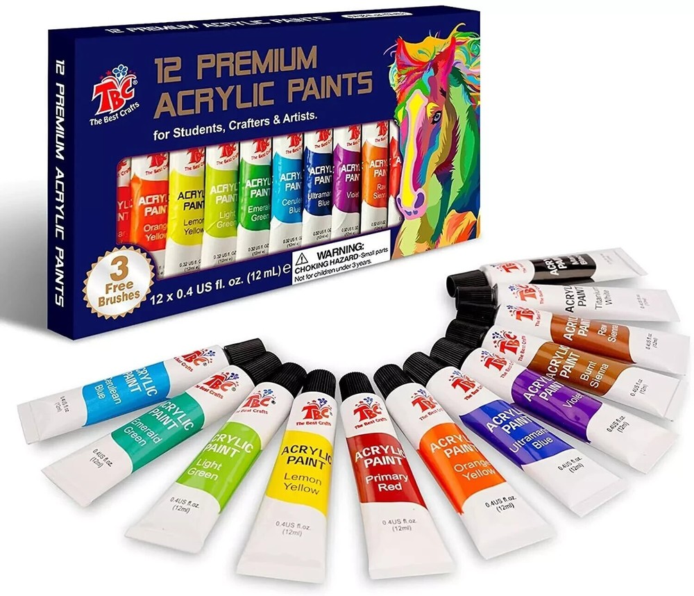 TBC The Best Crafts Premium Acrylic Paint Set of 12 x 0.4 fl.oz 12 ml Tubes