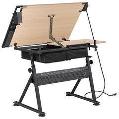 Natural Drafting Table & Stool Se Adjustable Height W/ Drawers & Charge Station