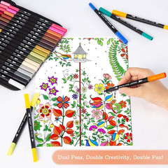 Art Markers Dual Brush Pens for Coloring, 60 Artist Colored Marker Set, Fine and