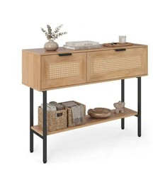 Natural Rattan Console Table with Storage Cabinets & Open Shelf, 40 Inch Entrywa