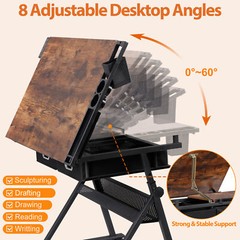 Adjustable Drafting Drawing Table Craft Tiltable Tabletop with Stool & Outlet