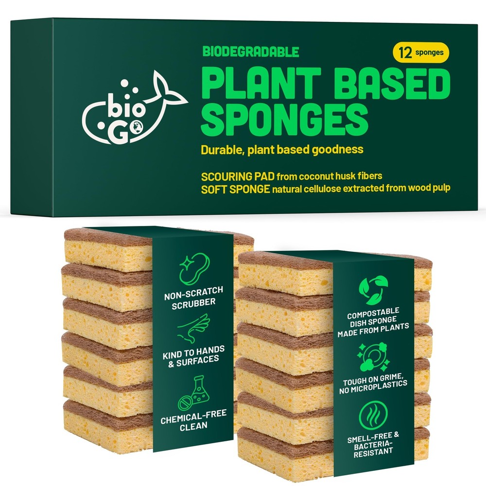 bioGo 12 Pack Biodegradable Kitchen Sponges – Eco-Friendly, Compostable, Natu…