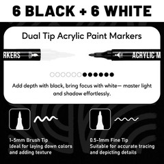 Black and White Acrylic Paint Markers, 12 Pack Dual Tip with Fine Tip and Bru…