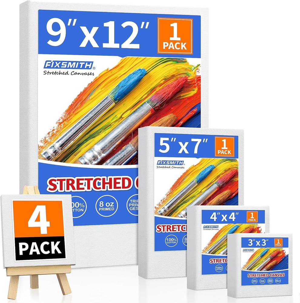 FIXSMITH Stretched Canvas for Painting, 3″x3″, 4″x4″, 5″x7″, 9″x12″, Pack of 4