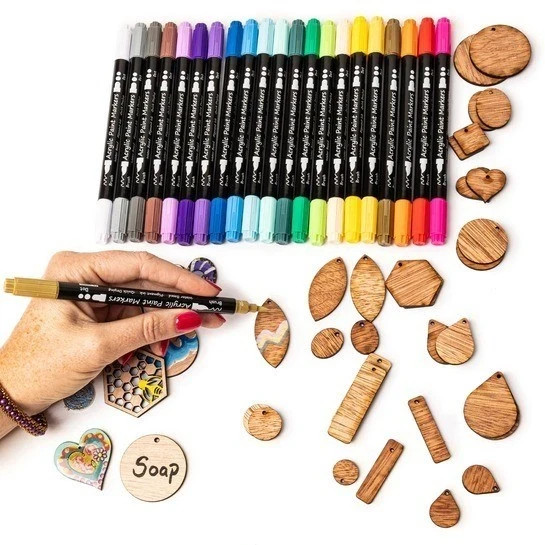 BeadTec 24 Dual-Tip Markers 30 Wood Charm Blanks Craft Kit Free Ship