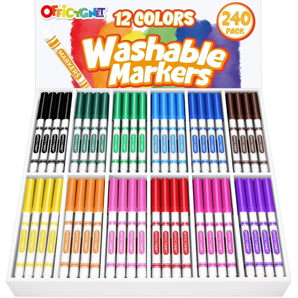 Officygnet 240 Count Washable Markers Bulk 12 Assorted Colors Conical Tip Line