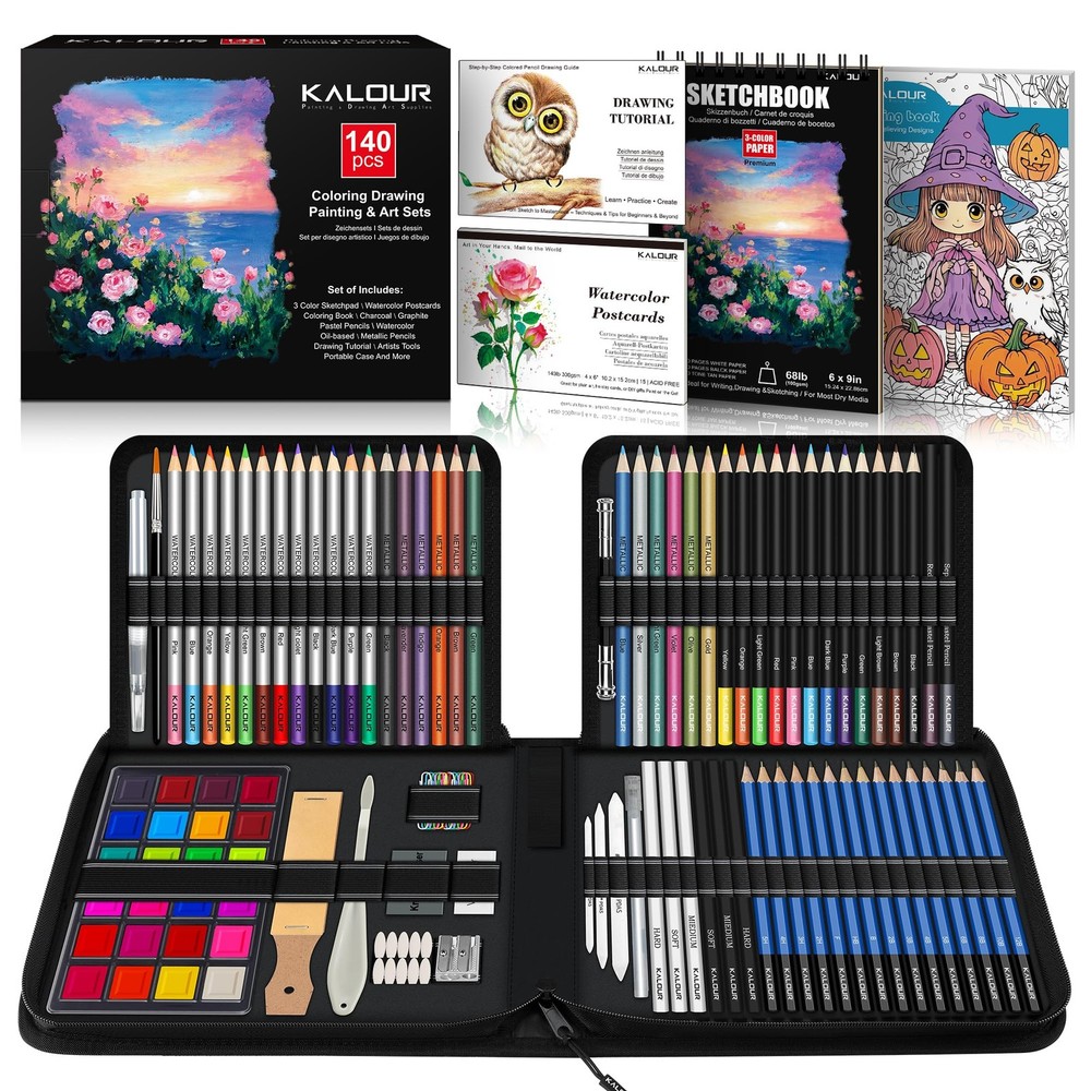140 Drawing Set Sketching Kit Art Supplies Sketchbook Colored Graphite Pencil