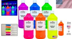 Pro Neon Acrylic Paint 6x 32oz Bottles – Vibrant Fluorescent Glow UV Art