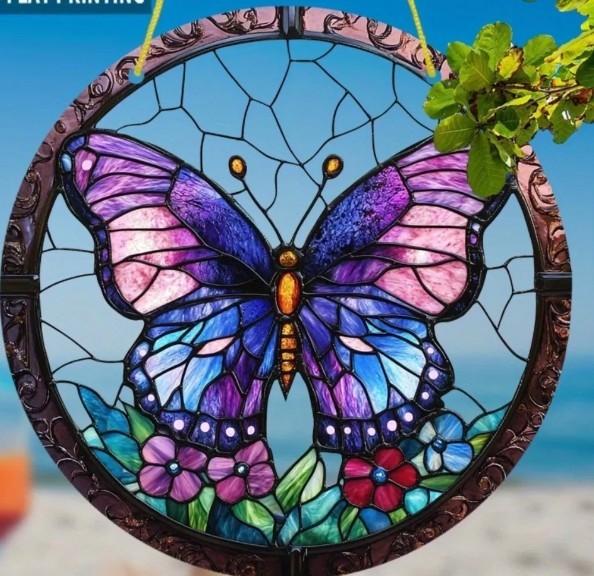 High Definition Transparent Round Purple Butterfly Floral Acrylic Sun Catcher Wi