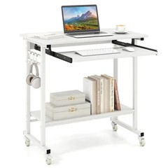 White Mobile Computer Desk with Keyboard Tray & Storage Shelf, 360° Lockable Cas