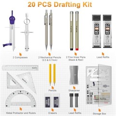 20PCS Professional Geometry Set with Case, Drafting Tools with Protractor and