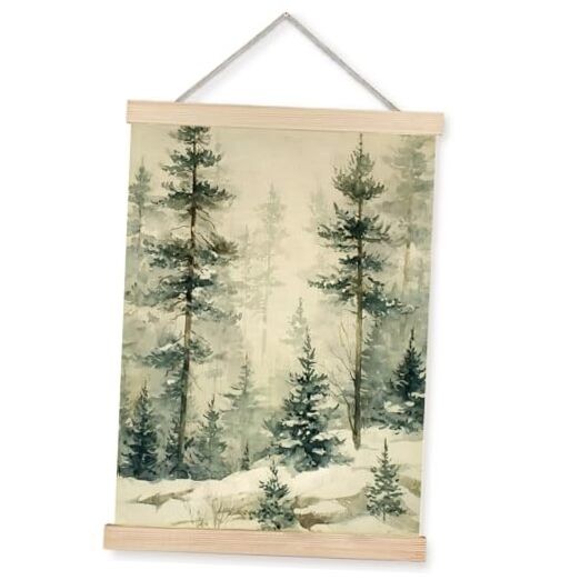 FOPENEM 16×12 Inch Snowy Pine Forest Wall Art – Minimal white-Pine Forest