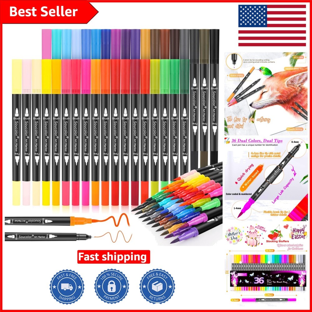 Water-Based Dual Tip Markers for Adults – 36 Colorful Fine & Brush Pens