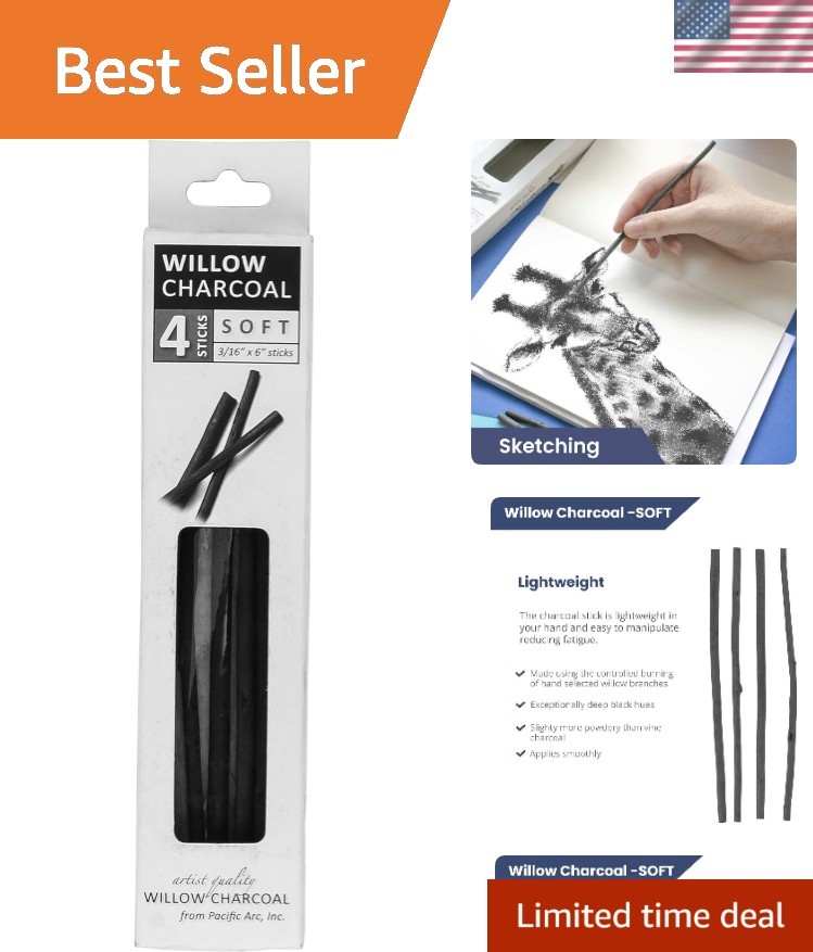 Large Willow Charcoal Stick 4/Pkg, Soft, Black, Willow Charcoal for Sketching…