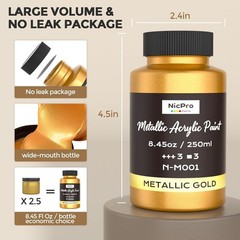 Gold Acrylic Paint 8.45oz Metallic Paint for Metal Wood Fabric Glitter Art