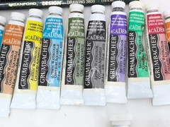 Used Lot of 32 Watercolor Paint WINSOR NEWTON Grumbacher Cotman Brushes Used