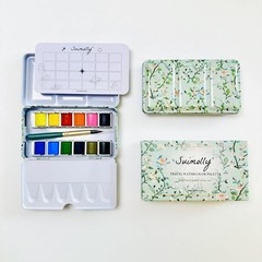 Suimolly Watercolor Paint Set, 12 Colors Half Pans with Brush, Travel Portabl…