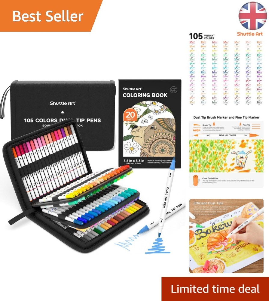 Elegant Dual Tip Brush Pens Set – 105 Vibrant Colours & Bonus Colouring Book