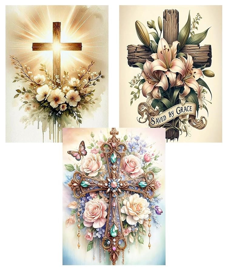 3 Pack Cross Diamond Art Kits for Adults – 5D Diamond Paintings for Beginner,DIY