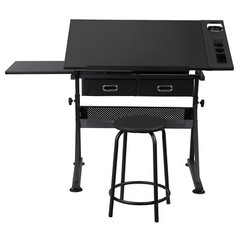 Drafting Desk Drawing Table 9 Levels Adjustable angle w/ Stool Arts Crafts Black