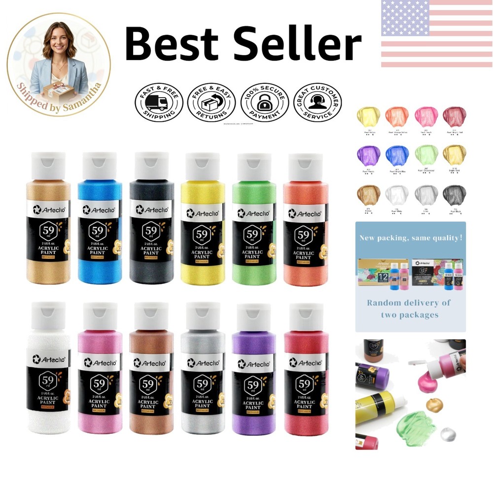 12 Metallic Acrylic Paint Set, 59ml Bottles, Non-Toxic, Waterproof Art Supplies