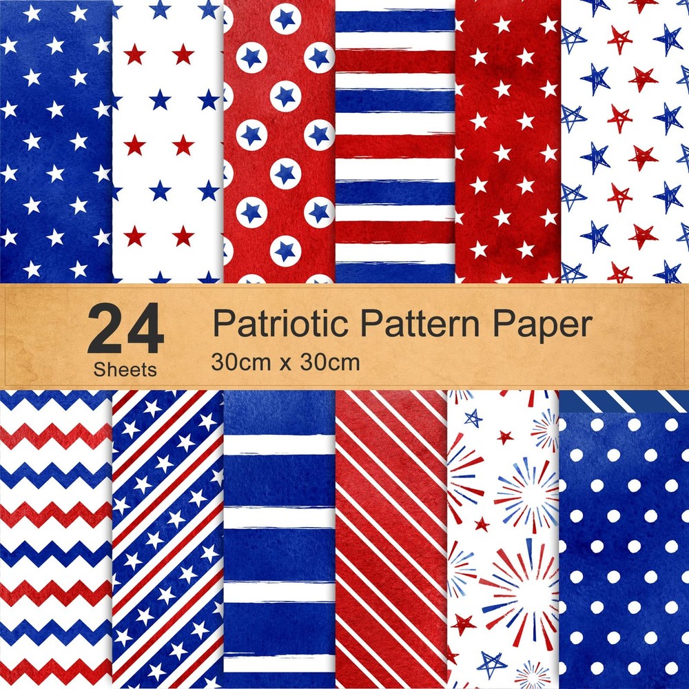 24 Sheet Patriotic Pattern Paper Watercolor Star Firework Scrapbook Specialty Pa