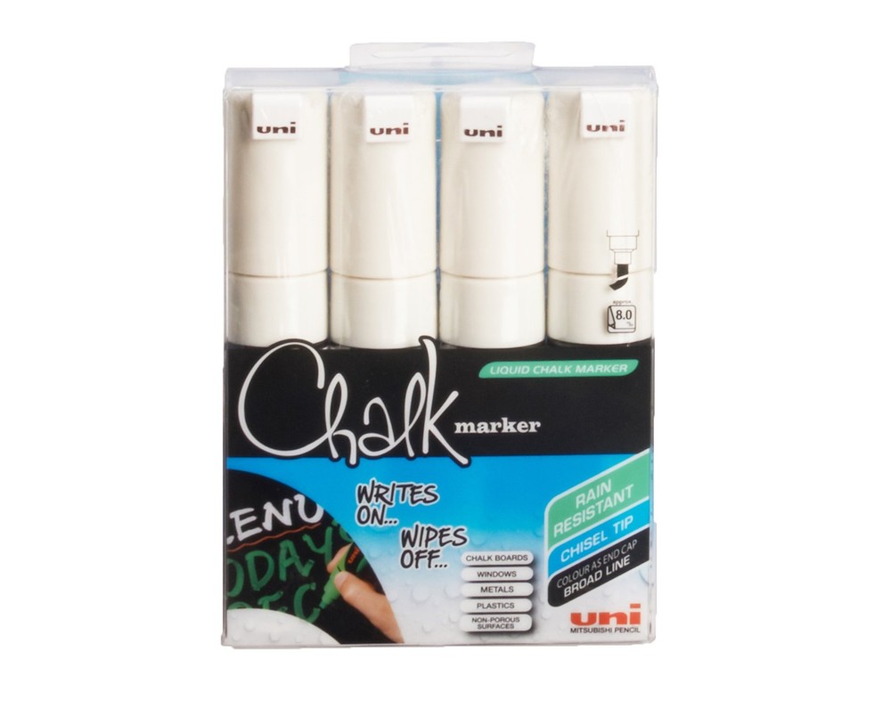 uni-ball PWE-8K White Liquid Chalk Pens. Multi-Purpose Wipeable Coloured Markers