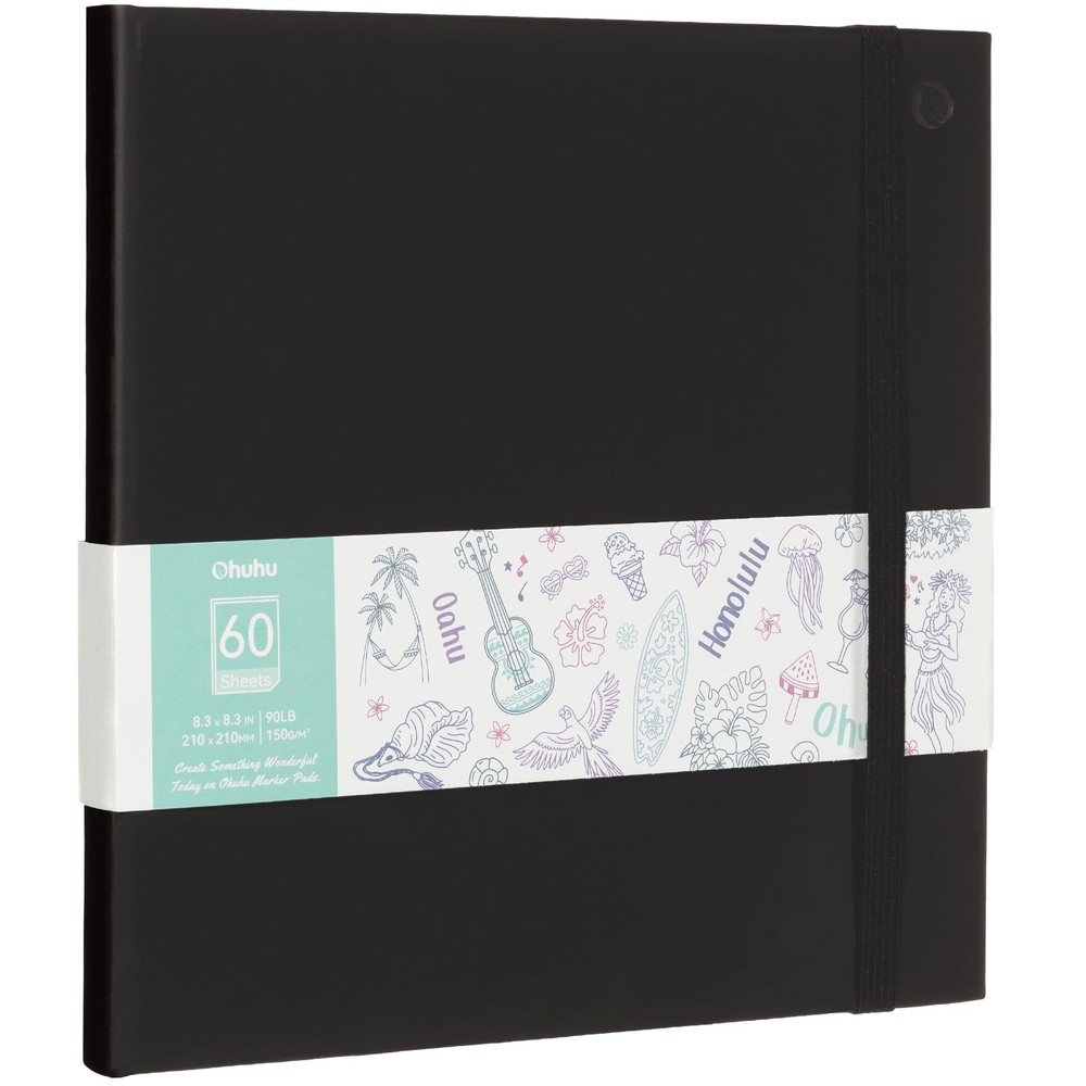 Sketchbook with marker pens, 210mm x 210mm, 60 sheets/120 pages, black cover.