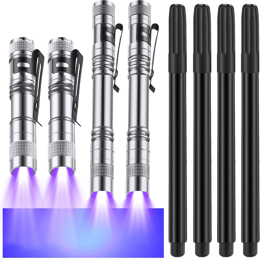 8 Pcs Black Light Markers Set 4 Invisible Ink Pen 4 Mini UV Flashlights