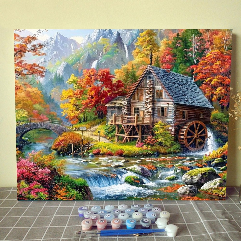 Log Cabin in Autumn Paint by Numbers Mountain 16”x20”(Frameless), House-03