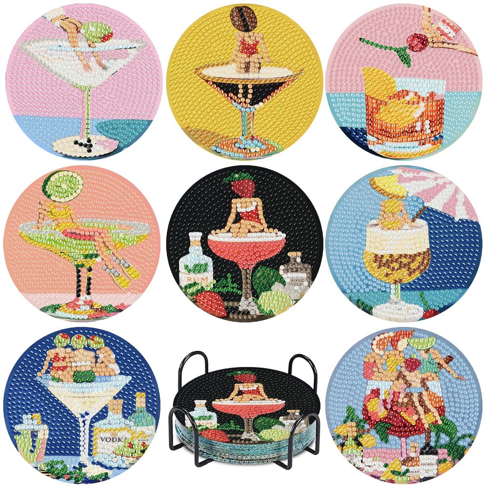 8 Pcs Cocktail Diamond Art Painting Coasters Kits,Woman Coaster with Holder for