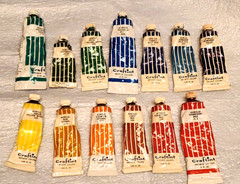 12 Vtg. CRAFTINT Artist’ Colors Acyrlic Paint, 1.25 & 2 oz tubes, pliable, USED