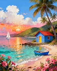 Scenery Paint by Numbers Kit for Adults Beginner,Beach Cottage Landscape Paint b