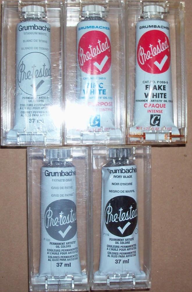 Lot of 5 Grumbacher Oil Paint White/Gray/Black Oil Paint 37ml Tubes N.O.S.