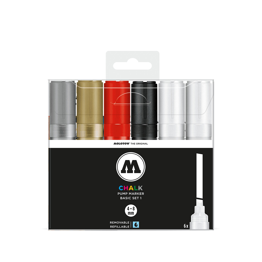 MOLOTOW CHALK – 6 PIECE TEMPORARY MARKER SET – 4-8MM CHISEL TIP – BASIC SET 1