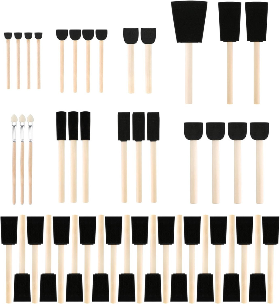 50pk Foam Paint Brushes Assorted Sizes 0.35″ to 2″ Wood Handle Sponge Brush Set