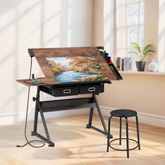 Adjustable Drafting Table with Power Outlet Artist Drawing Table with Stool
